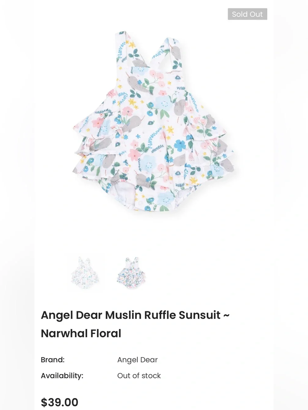 Angel Dear Narwhal Floral Ruffle Sunsuit, 18-24mo - NEW
